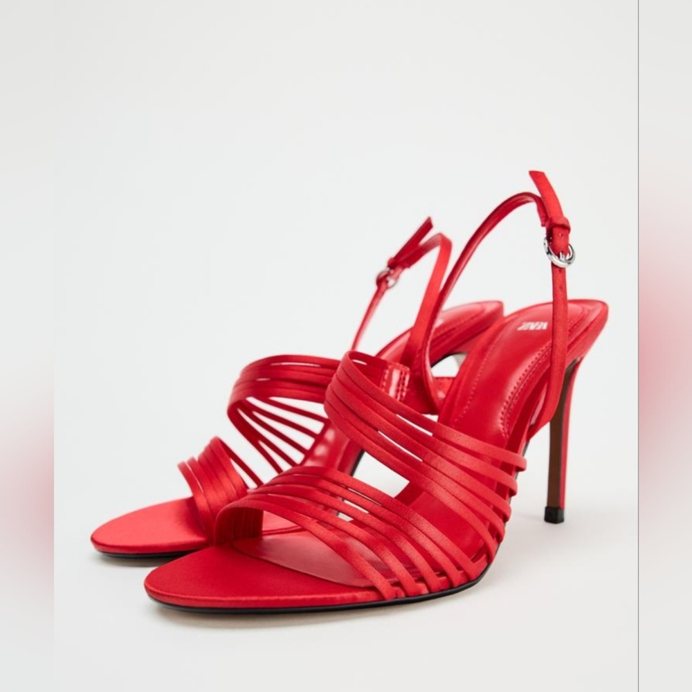 Zara Heeled Strappy Sandals Red Size 9 NWT